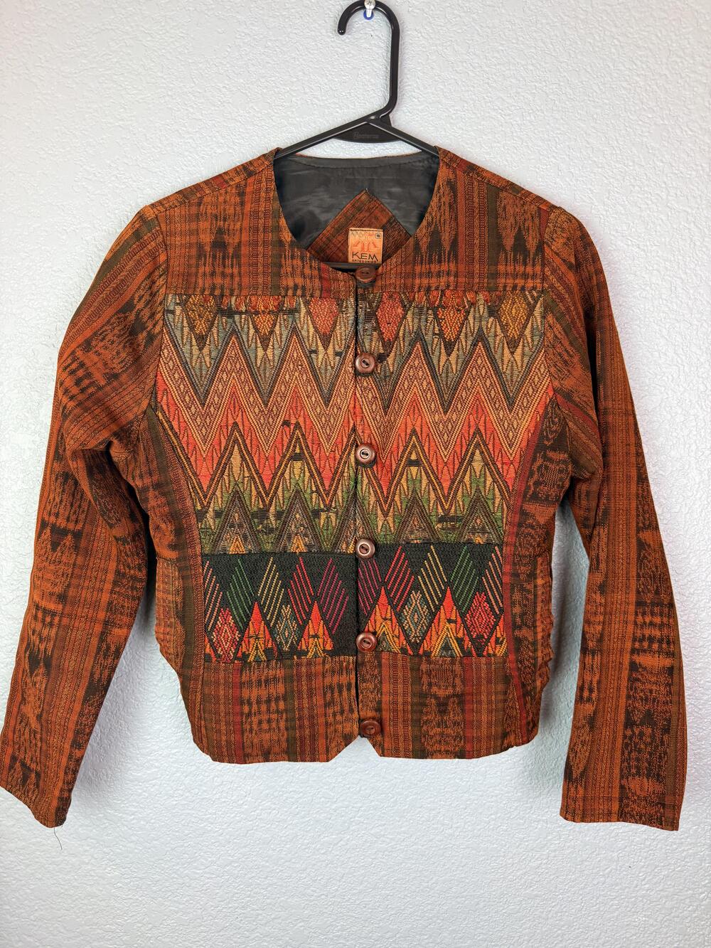 KEM Jacket Womens Medium Orange Woven Tribal Button Front Boho Guatemala
